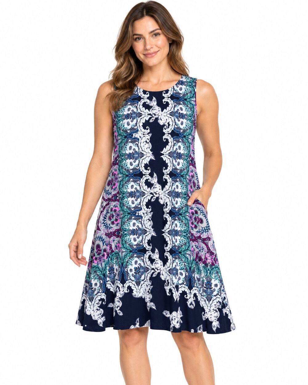Allison Brittney Size M Navy Teal Floral Paisley Sleeveless Shift Dress